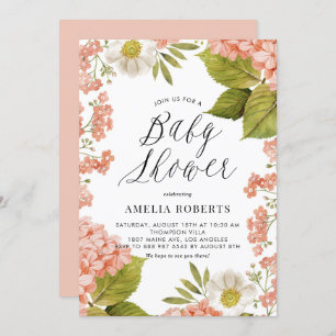 Invitación Rustic Peach Watercolor Hydrangeas Baby Shower