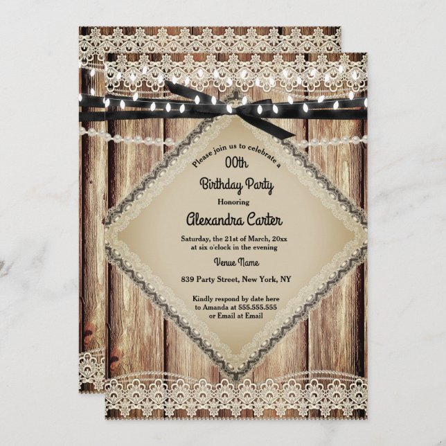Invitación Rustic Pearl Lace Barn Wood Black String Luces (Anverso / Reverso)