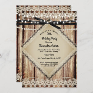 Invitación Rustic Pearl Lace Barn Wood Black String Luces