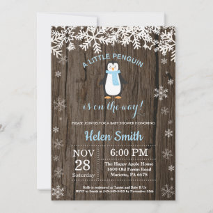 Invitación Rustic Penguin Winter Boy Snowflake Baby Shower