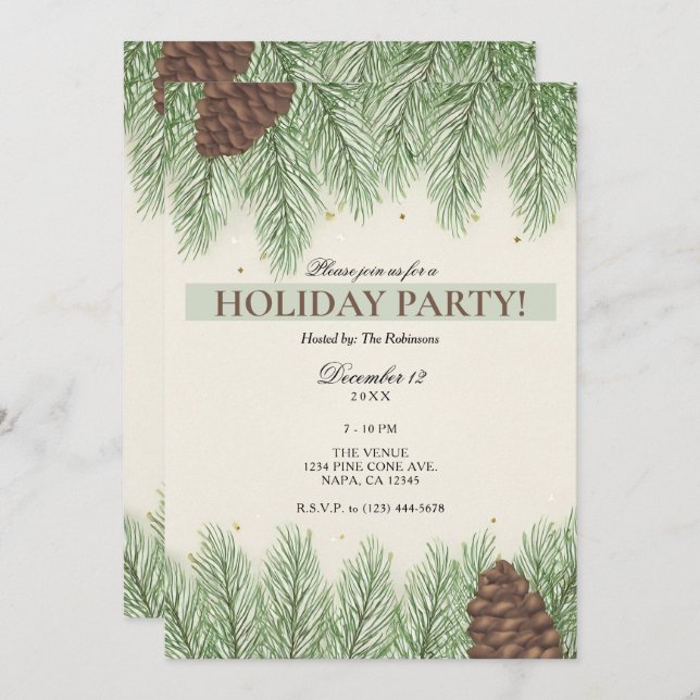 Invitación Rustic Pine Cones & Fir Christmas Holiday Party (Anverso / Reverso)