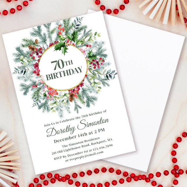 Invitación Rustic Pine Holly Berry Wreath cumpleaños 70 (Need matching party supplies. Welcome sign, napkins, paper plates. Something else. Message me!)