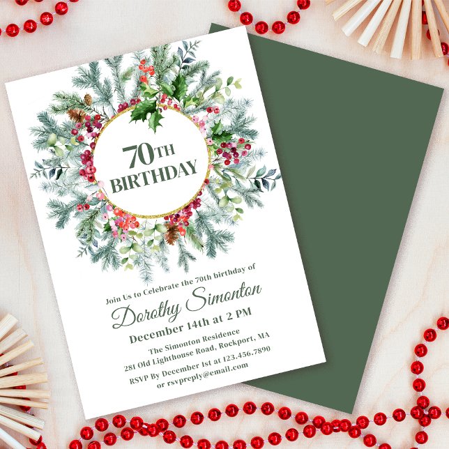 Invitación Rustic Pine Holly Berry Wreath cumpleaños 70 (Need a matching welcome sign? Other party supplies? Message me!)
