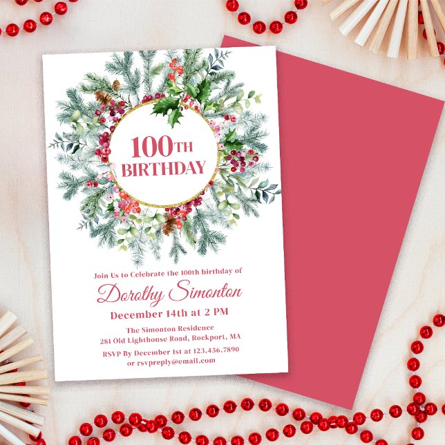 Invitación Rustic Pine Holly Berry Wreath cumpleaños número 1 (Matching party supplies napkins, paper plates balloons etc. Message me for help finding them.)