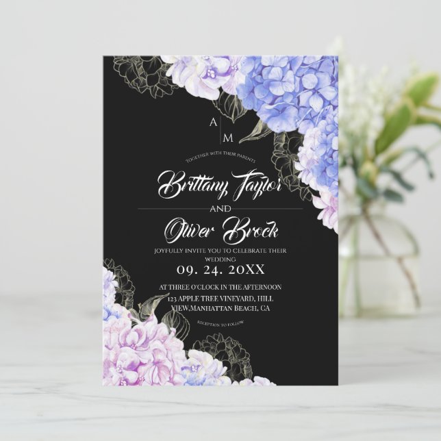 Invitación Rustic Pink & Blue Hydrangea Dark Wedding  (Anverso de pie)