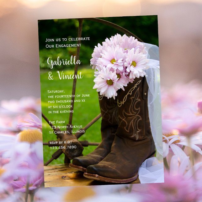 Invitación Rustic Pink Daisies Cowboy Boots Engagement Party (Subido por el creador)