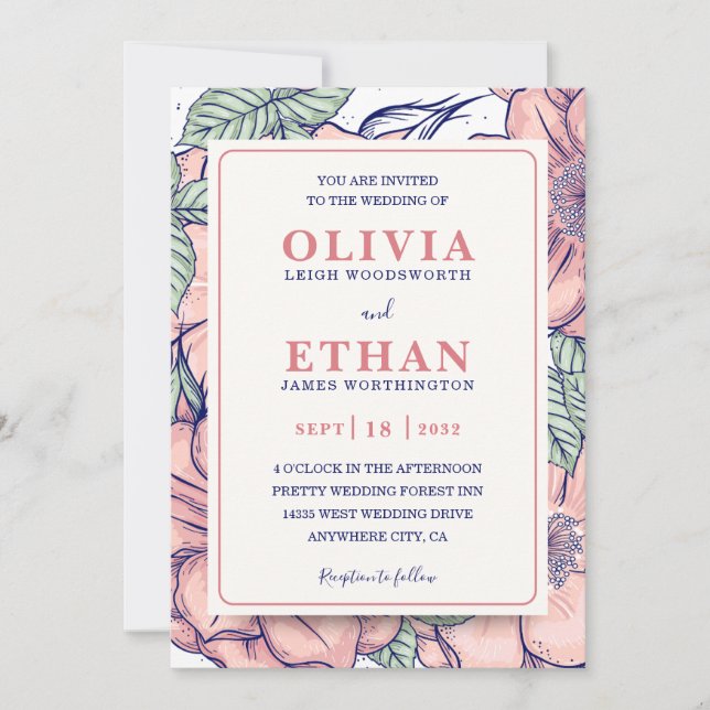 Invitación Rustic Pink Floral Hand Drawn Botanical Wedding  (Anverso)