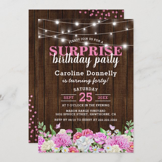 Invitación Rustic Pink Floral String Lights Fiesta de cumplea (Anverso / Reverso)