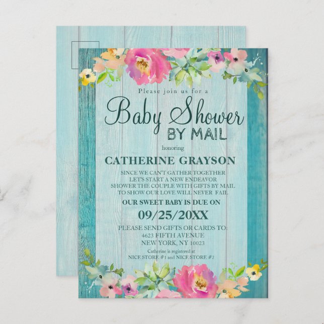 Invitación Rustic Pink Floral & Wood en Baby Showe (Anverso / Reverso)