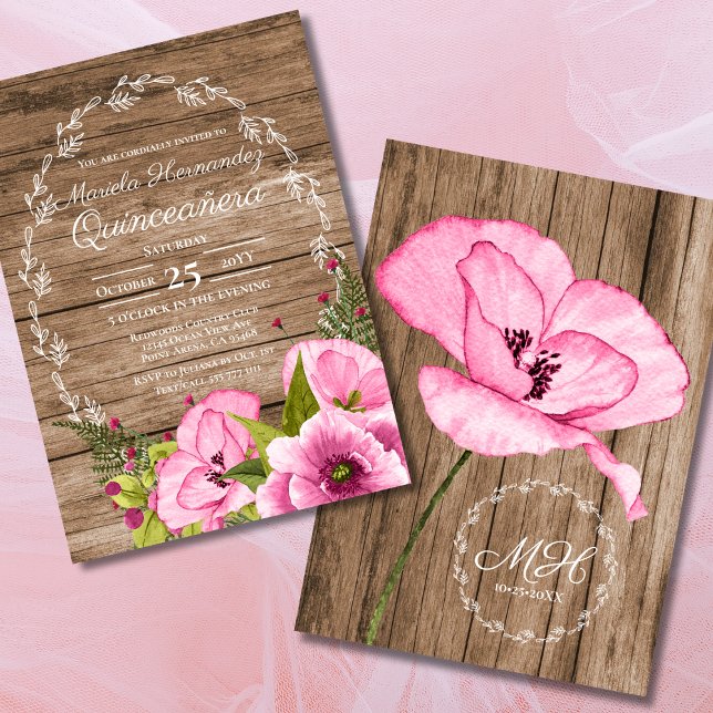 Invitación Rustic Pink Watercolor Poppies Quinceañera (Subido por el creador)