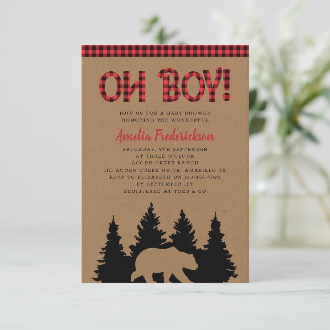 Invitación Rustic Plaid Bear Oh Boy Baby Shower (Anverso de pie)