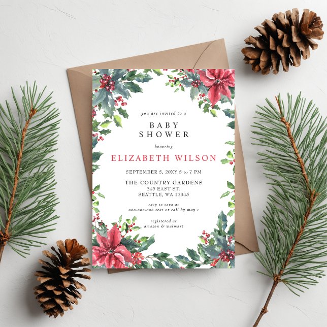 Invitación Rustic Poinsettias Holly Navidades Baby Shower (Rustic Poinsettias Holly Christmas Baby Shower Invitation)