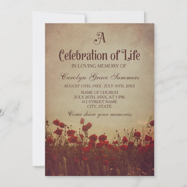 Invitación Rustic Poppy Field Celebration of Life (Anverso)