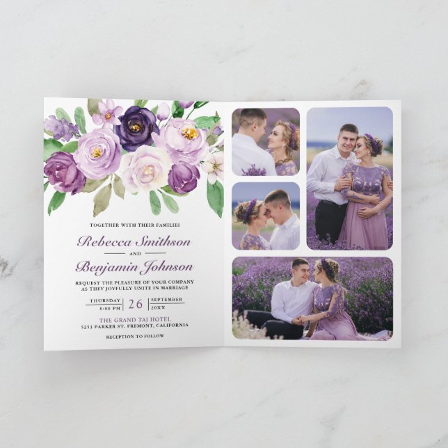 Invitación Rustic Purple Floral All in One QR Code Wedding (Interior)