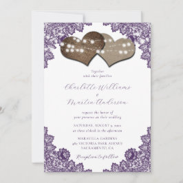 Invitación Rustic Purple Floral Lace Burlap Hearts Wedding