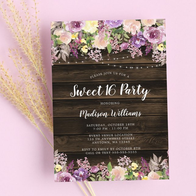 Invitación Rustic Purple Floral String ilumina Sweet 16 (Subido por el creador)