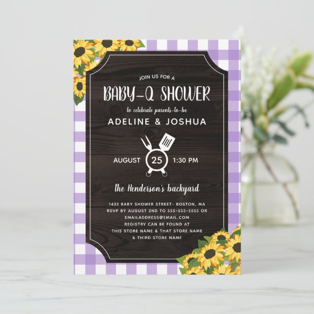 Invitación Rustic Purple Gingham Sunflowers Baby-Q Shower (Anverso de pie)