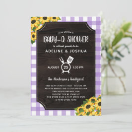 Invitación Rustic Purple Gingham Sunflowers Baby-Q Shower