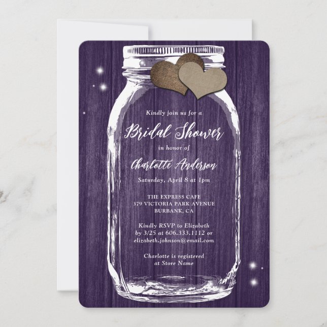 Invitación Rustic Purple Mason Jar Wood Bridal Shower (Anverso)