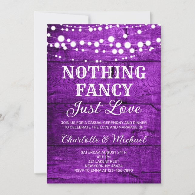 Invitación  Rustic Purple Nothing Fancy Just Love Wedding (Anverso)