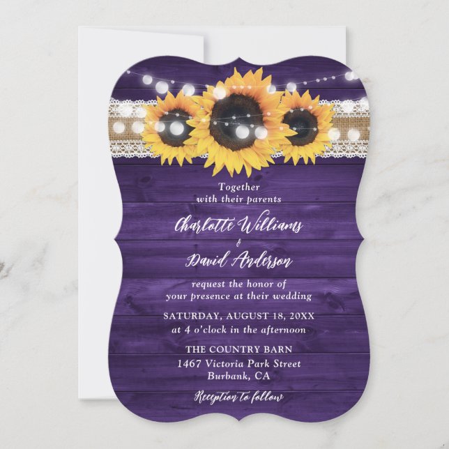 Invitación Rustic Purple Sunflower Wood String Lights Wedding (Anverso)