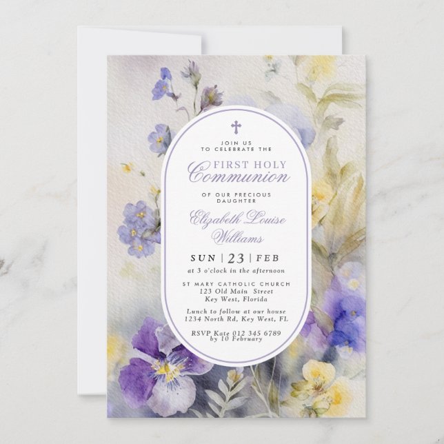 Invitación Rustic Purple & Yellow First Holy Communion (Anverso)