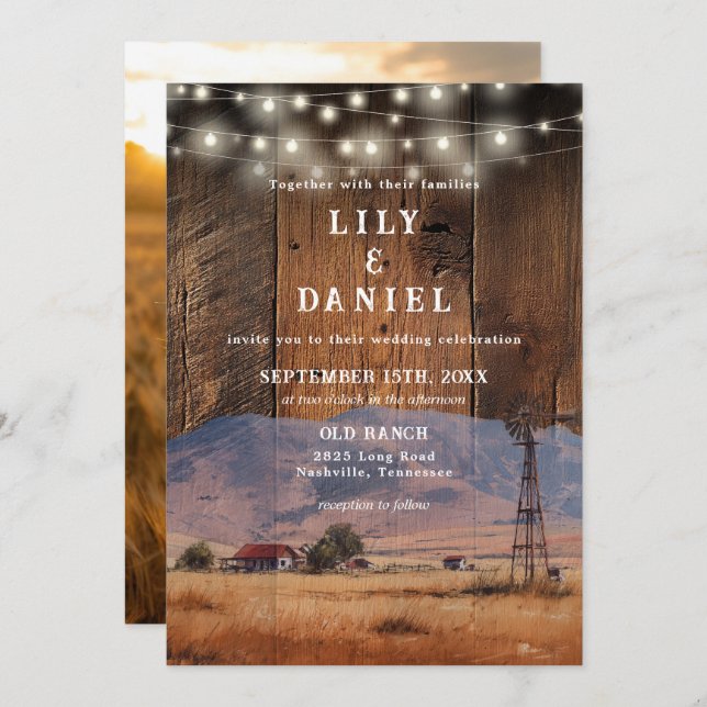 Invitación Rustic Ranch Barn Wood String Lights Photo Wedding (Anverso / Reverso)
