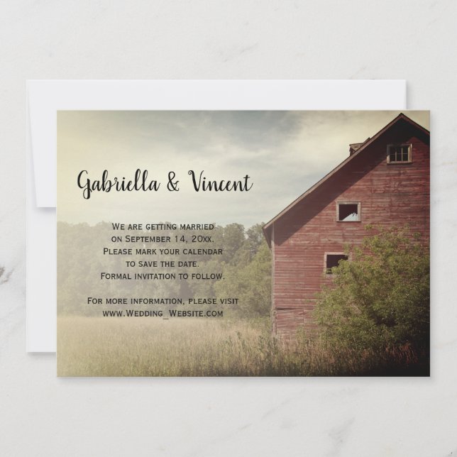 Invitación Rustic Red Barn Country Wedding Save the Date (Anverso)