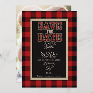 Invitación Rustic Red Black Buffalo Plaid Photo Save the Date