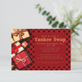 Invitación Rustic Red Buffalo Check Yankee Swap Holiday Party