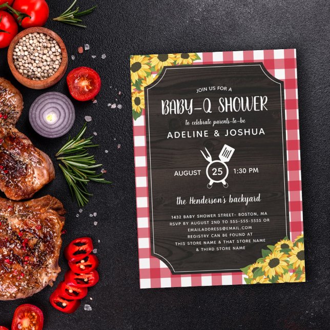 Invitación Rustic Red Gingham Sunflowers Baby-Q Shower (Subido por el creador)