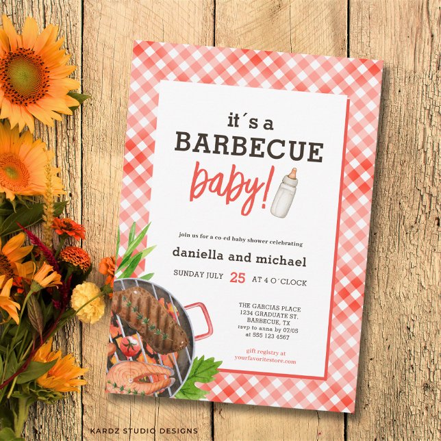 Invitación Rustic Red Grill Barbecue Baby Shower (Front of the invitation shown in 5x7-inch. Choose size, paper, and corner style.)