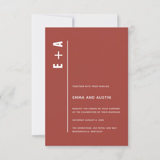 Invitación Rustic Red Modern Minimal Bold Initials Boda (Anverso)