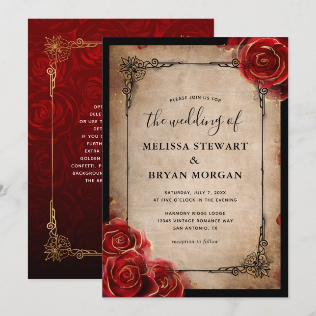 Invitación Rustic Red Rose Gold Black Vintage Elegant Wedding (Anverso / Reverso)