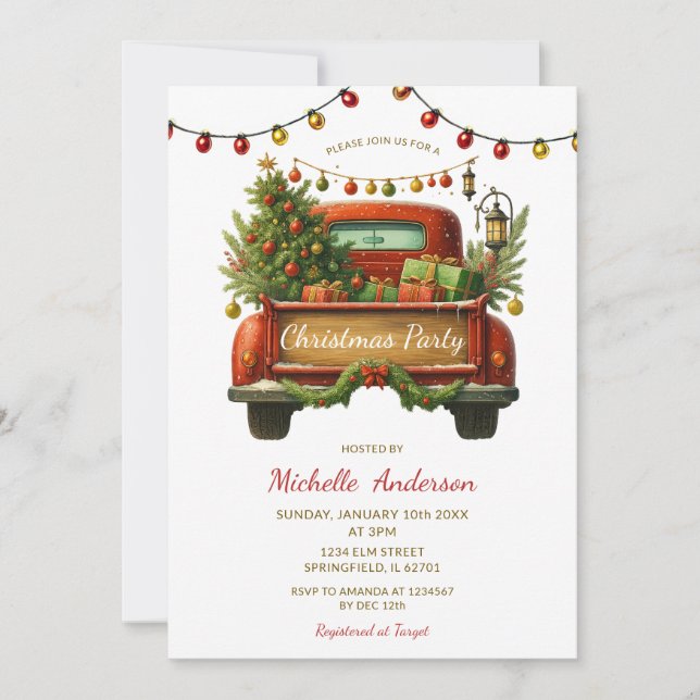 Invitación Rustic Red Truck Winter Pine Tree Christmas Party (Anverso)