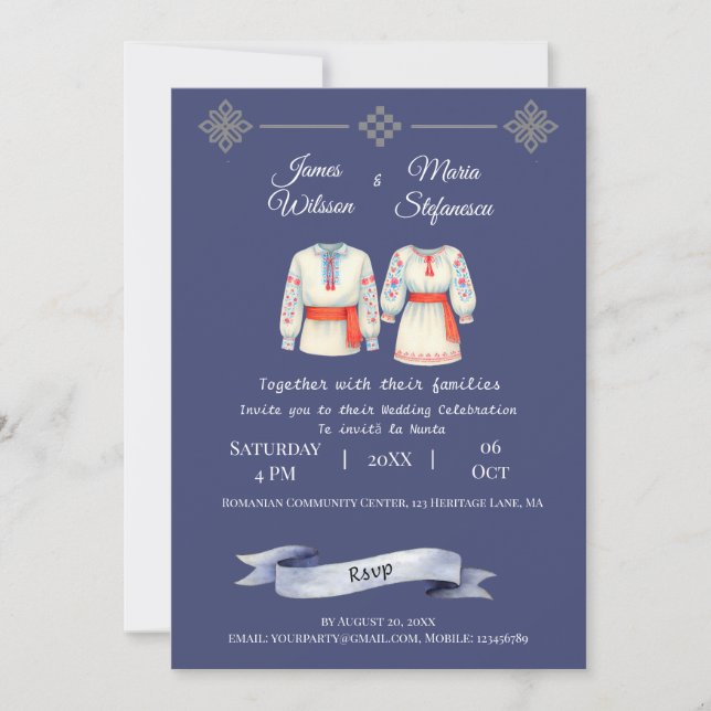 Invitación Rustic Romanian Wedding Traditional Folk Costumes  (Anverso)