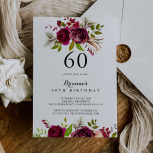 Invitación Rustic Rubor Burgundy Floral 60 cumpleaños