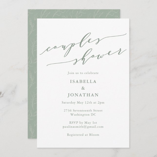 Invitación Rustic Sage Green Botanical Script Couples Shower (Anverso / Reverso)