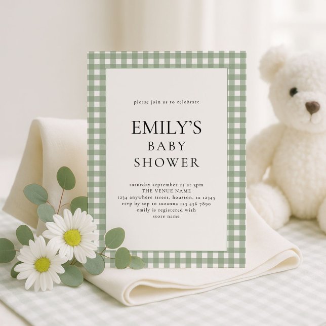 Invitación Rustic Sage Green Gingham Baby Shower (Subido por el creador)