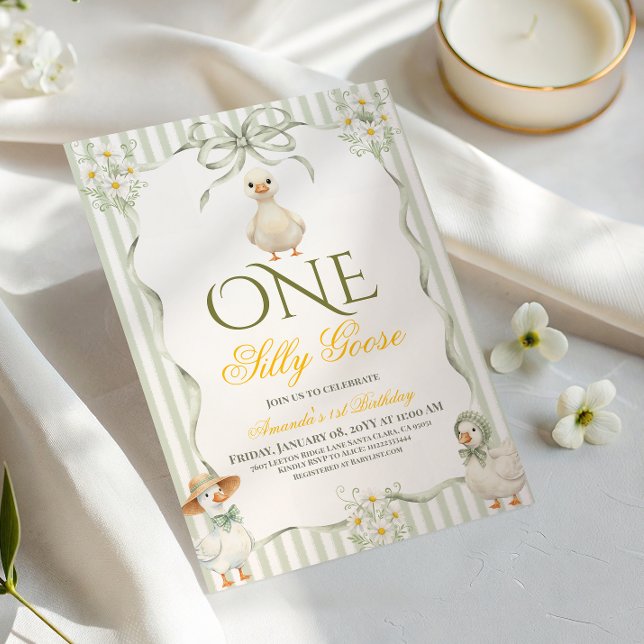 Invitación Rustic Sage Green One Silly Goose 1st Birthday (Subido por el creador)