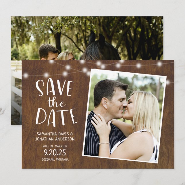 Invitación Rustic Save the Date Country Lights Photo (Anverso / Reverso)