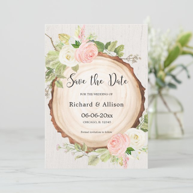 Invitación Rustic Save the Date rubedece color blanco (Anverso de pie)