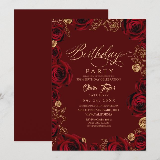Invitación Rustic Script Burgundy Rose Birthday  (Anverso / Reverso)