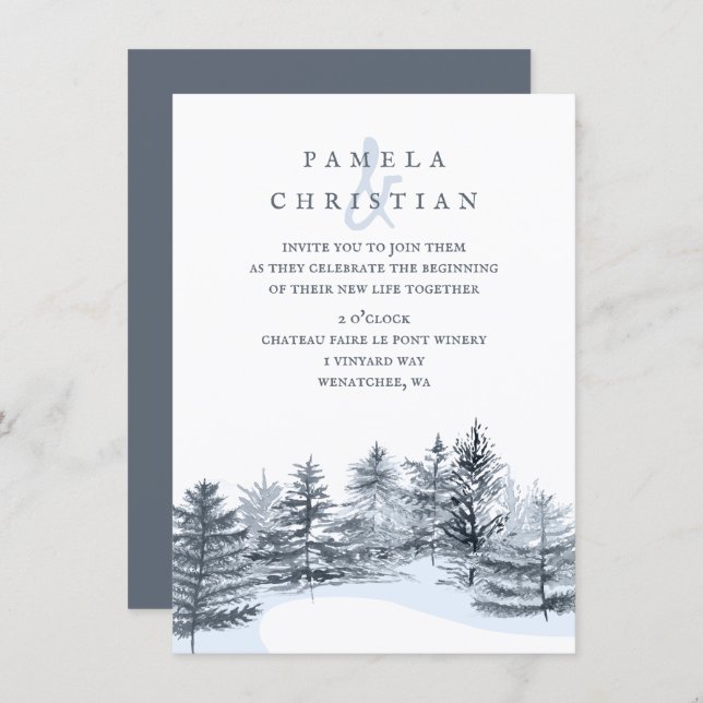 Invitación Rustic, Slate Gray Pine Trees Forest Wedding (Anverso / Reverso)