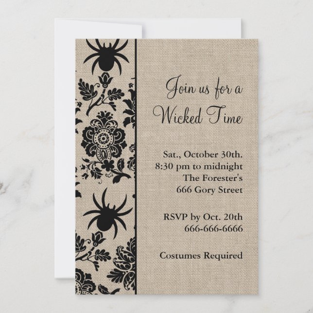 Invitación Rustic Spider Damask Halloween (Anverso)