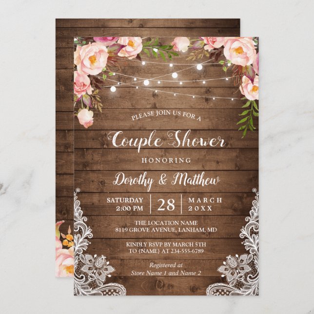 Invitación Rustic String ilumina la ducha de la pareja floral (Anverso / Reverso)