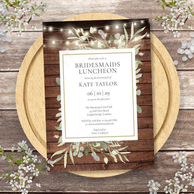 Invitación Rustic String ilumina la vegetación Bridesmaids Lu (Rustic String Lights Greenery Bridesmaids Luncheon Invitation)
