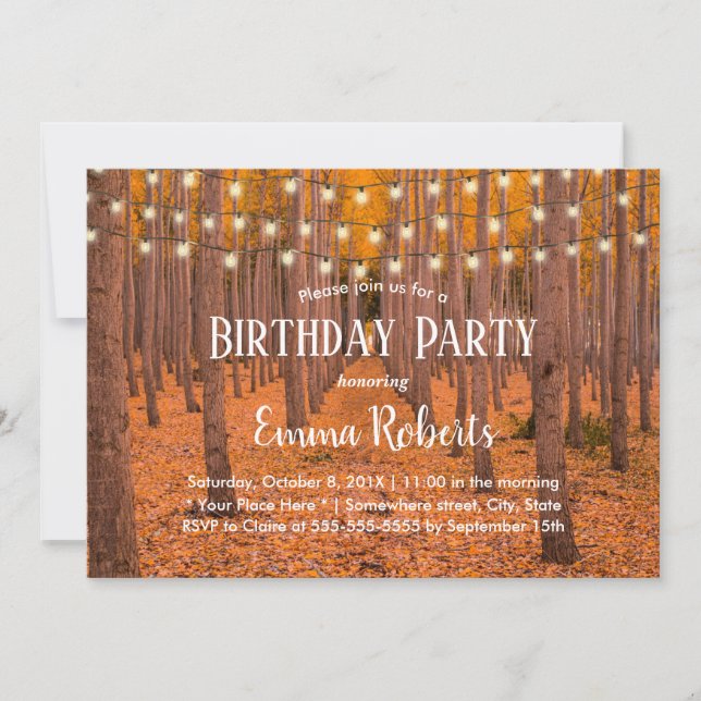 Invitación Rustic String Lights Autumn Woods Birthday Party (Anverso)