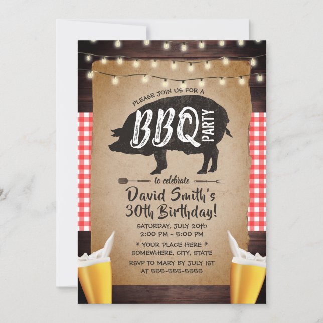 Invitación Rustic String Lights Beers BBQ Birday Party (Anverso)