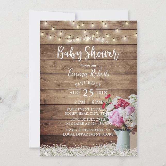 Invitación Rustic String Lights & Floral Bouquet Baby Shower (Anverso)